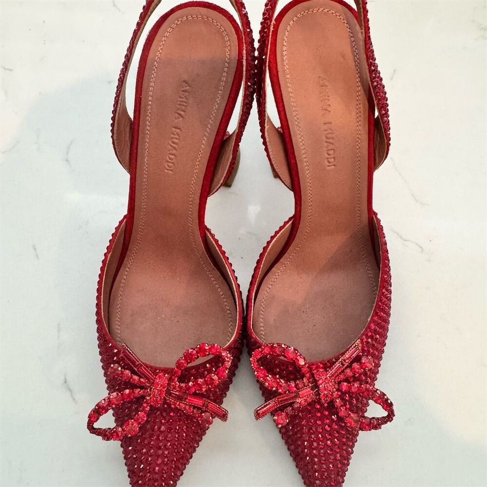 Amina Muaddi Women's Red Crystal Slingback Pumps Size: 7